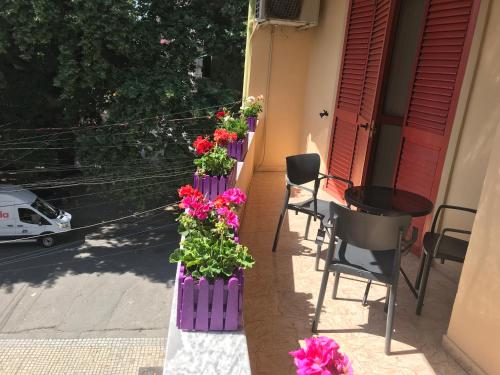 a balcony with flowers and a table and chairs at Maison Centre in Shkodër