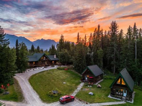 an aerial view of a lodge with a red car parked in front at Moberly Lodge in Golden