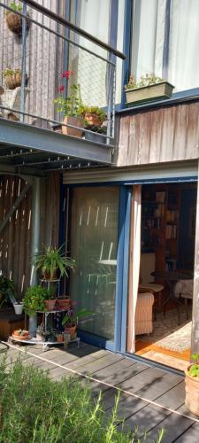 eine Terrasse mit Topfpflanzen an der Seite eines Gebäudes in der Unterkunft Chambre avec terrasse Chez Anne in Rennes