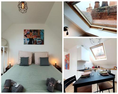 two pictures of a bedroom with a bed and a table at Pop & Suite par Madame Conciergerie in Rennes