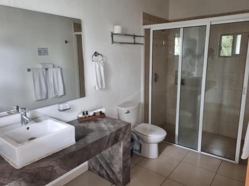 e bagno con lavandino, servizi igienici e doccia. di Hotel La Ribereña a Ajijic