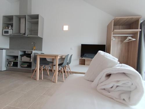 a living room with a bed and a table with chairs at Apartamentos Turísticos Pontepedriña by Bossh! Hotels in Santiago de Compostela