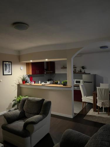 een woonkamer met een bank en een keuken bij Apartment T&M Zagreb Airport in Velika Gorica