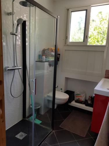 a bathroom with a shower and a toilet at Maison familiale avec jacuzzi et piscine in La Rochelle