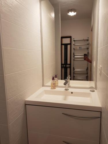 a bathroom with a white sink and a mirror at Maison familiale avec jacuzzi et piscine in La Rochelle