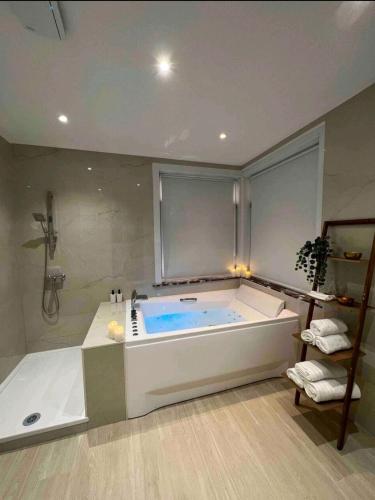 Sublime appartement Calme Cosy & Jacuzzi في بروكسل: حمام كبير مع حوض في الغرفة