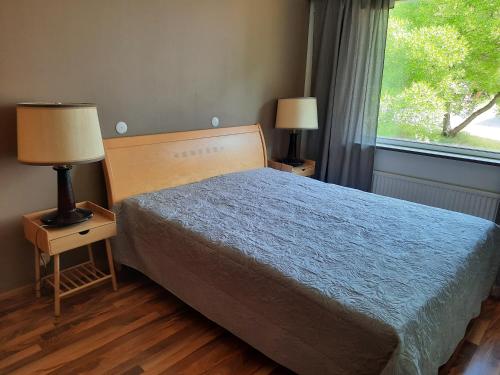 una camera con un letto, due lampade e una finestra di Family House Kupittaa Diplomat, Sauna, Garden, whole house for you a Turku