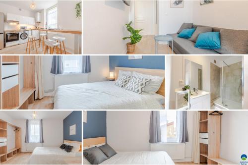 a collage of photos of a bedroom and a living room at matcha home Hettange in Hettange-Grande