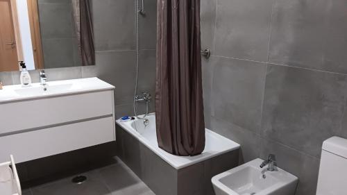 a bathroom with a sink and a toilet and a shower at Apartamentos Naturalis in Vila Nova de Milfontes