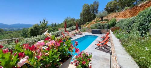 - une piscine dans un jardin fleuri dans l'établissement Les Hauts du Peireguier, à La Motte