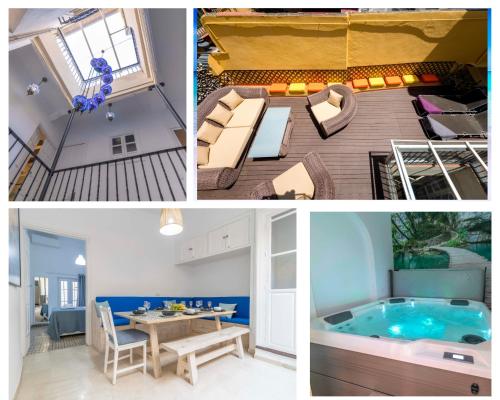 un collage di quattro foto di una vasca idromassaggio di House -Rooftop&Jacuzzi -StayInSeville a Siviglia