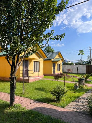 una casa gialla con un albero in cortile di Senima's paradise a Batumi