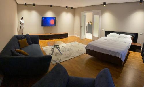 ein Schlafzimmer mit einem Bett, einem Sofa und Stühlen in der Unterkunft Valivillas Studio & Apartaments in Bukarest