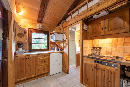 - une cuisine avec des placards en bois et un réfrigérateur blanc dans l'établissement Chalet du Brey - Avec terrasse et jardin, à Saint-Gervais-les-Bains