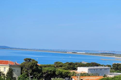 vista su una cassa d'acqua con edifici e alberi di Villa Farniente a Sète