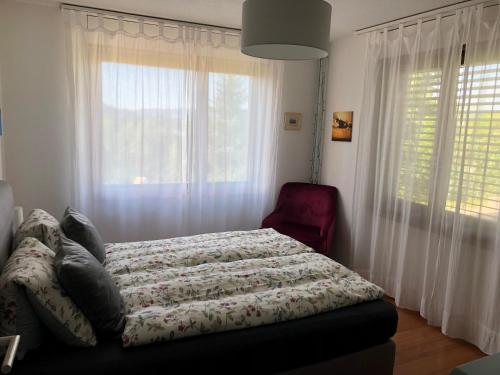 a bedroom with a bed and a chair and a window at Gästezimmer Erlinsbach bei Aarau, zwischen Aare und Jura in Niedererlinsbach