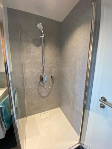 a shower in a bathroom with a glass shower stall at Design Apartment Sasaki in Celle