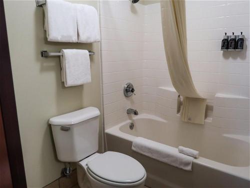 een badkamer met een wit toilet en een bad bij Oxford Suites Portland - Jantzen Beach in Portland