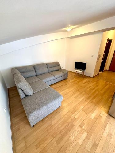 uma sala de estar com um sofá e uma televisão em Apartment Stex 3 em Podgorica