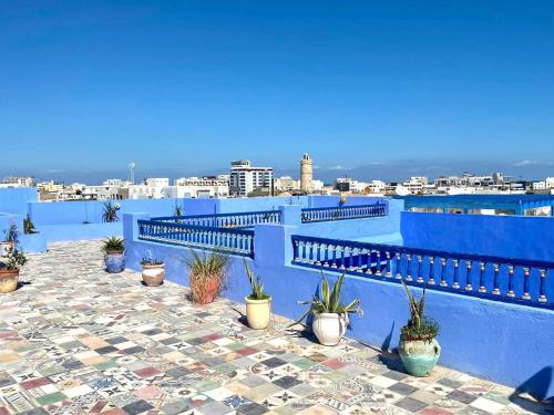 una pared azul con macetas en un patio en Dar Lekbira Boutique Hôtel, en Sousse