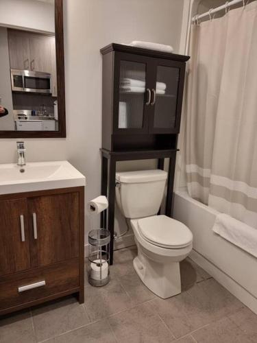 een badkamer met een toilet, een wastafel en een douche bij Cozy Sweet Studio #9. Ten min to D.T Ottawa in Gatineau