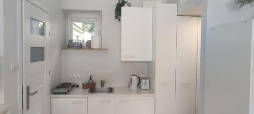 a kitchen with white cabinets and a sink at Old Town Warsaw Joanna's Apartments in Warsaw