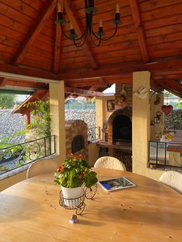 uma mesa de madeira com um vaso de plantas em cima em Casa Moldovan ( Coltisorul meu de rai) em Ocna Şugatag