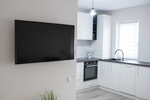 a kitchen with a large flat screen tv on the wall at TEILOR Apartments 5 in Floreşti