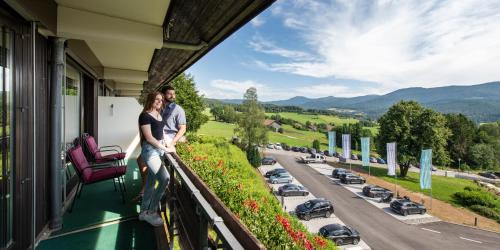 un homme et une femme debout sur un balcon avec vue sur une route dans l'établissement Hotel Sonnenhof Lam, à Lam