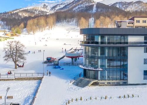 巴库里阿尼水晶SPA酒店的雪地里的人一起入住滑雪小屋