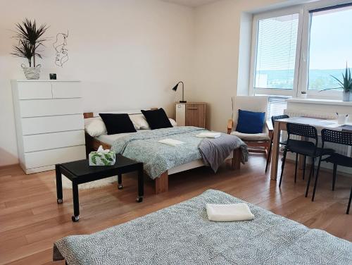 a living room with a bed and a table at Apartman Bystrc in Brno