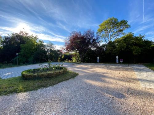 um parque de estacionamento vazio com um arbusto no meio de uma estrada em Logis HOTEL DU PARC em Pont-à-Mousson