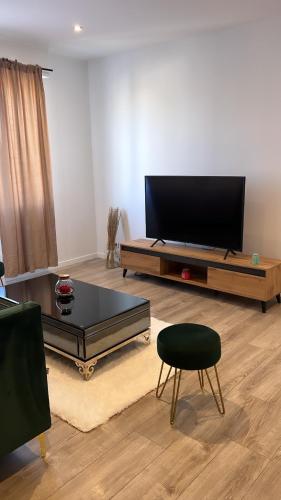 un soggiorno con una grande TV a schermo piatto di Maison jardin paisible 1 chambre a Mérignac