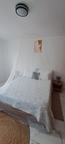 a white bedroom with a bed with a white blanket at Résidence au bout du Morne in Le Morne