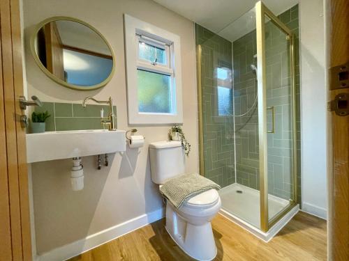 a bathroom with a toilet and a sink and a shower at Highland HotTub Retreat, on NC500 in Inverness