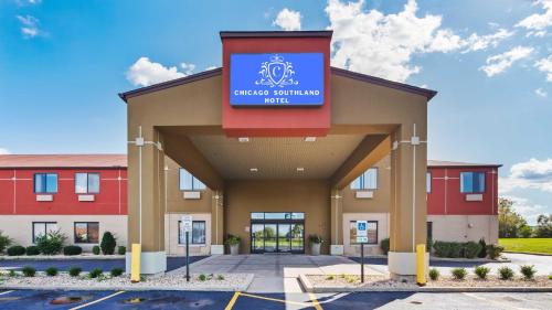 une représentation d'un hôtel avec un panneau sur celui-ci dans l'établissement Chicago Southland Hotel, à Oak Forest