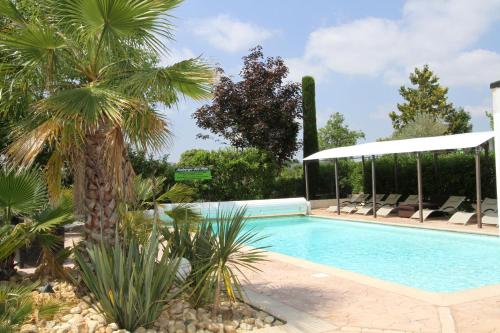 einen Pool mit Palmen und Liegestühlen in der Unterkunft Auberge Des Pins in Tourrettes