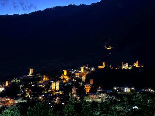 a view of a city at night at Mestia Views in Mestia