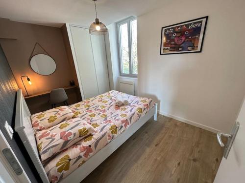 een slaapkamer met een bed met een dekbed en een raam bij Appartement JAZZ Vienne nord in Vienne