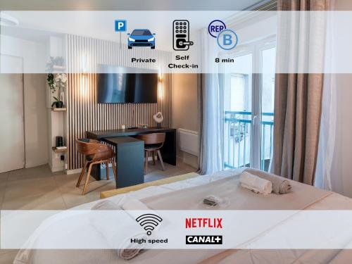 Una cama o camas en una habitación de La Parisienne - Spacieux studio avec parking privé