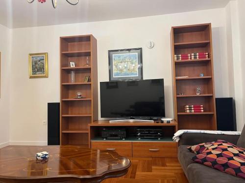 ein Wohnzimmer mit einem Sofa und einem TV in der Unterkunft Flat near city center in Zagreb