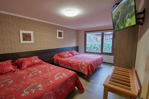 um quarto de hotel com duas camas e uma janela em mirabosque new aparments 4 em Osorno