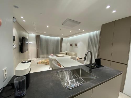 a kitchen with a sink and a living room at HOTEL THE DESIGNERS LYJ SUITE YEOKSAM in Seoul