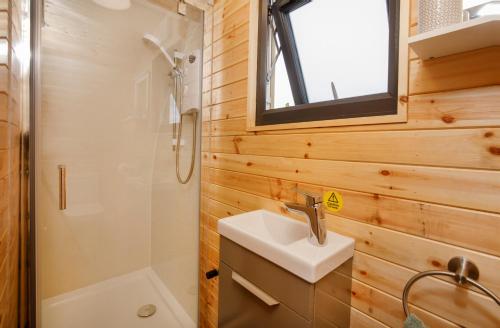 ein Bad mit einem Waschbecken, einer Dusche und einem WC in der Unterkunft Little Meadow Pods with Hot Tub in York