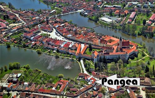 an aerial view of a city with a river at Hotel Pangea in Telč