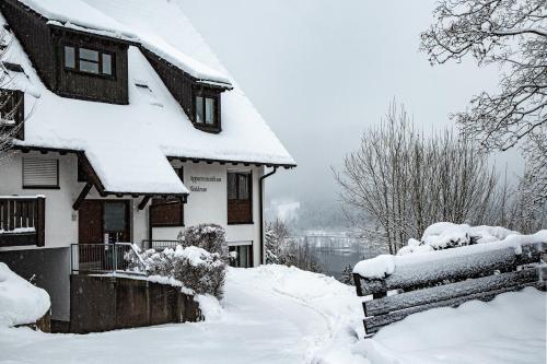 una casa coperta di neve accanto a una recinzione di Appartements Waldrose a Titisee-Neustadt