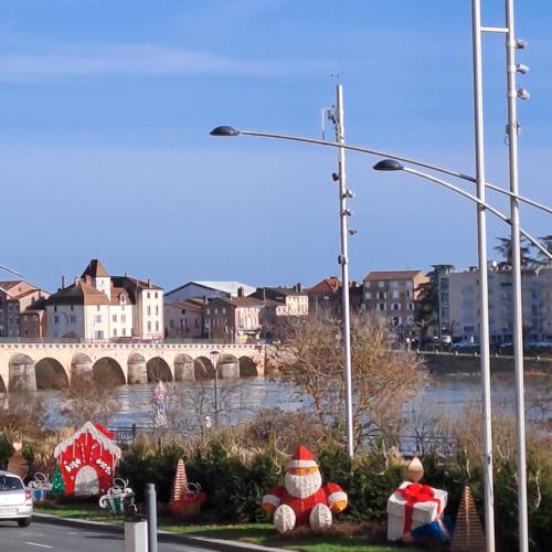 Kerstversieringen aan de straatkant. bij Center Macon charmant appartement avec vue sur la Saone in Mâcon