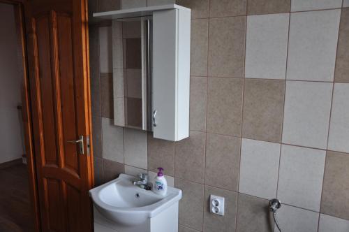 a bathroom with a sink and a mirror at Maros Vendégház in Mórahalom