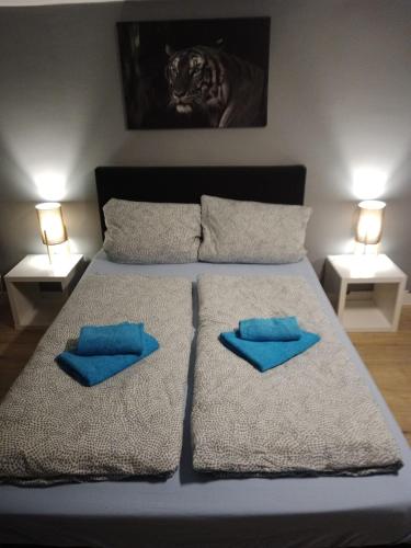 1 dormitorio con 1 cama con 2 almohadas azules en Stadtnah an der Förde 7504E, en Flensburg