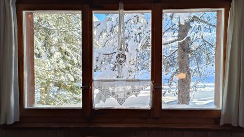 een raam met uitzicht op een met sneeuw bedekte boom bij Chalet M in Davos